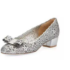 Salvatore Ferragamo Moon Silver Vara Laser-Cut Leather Pumps